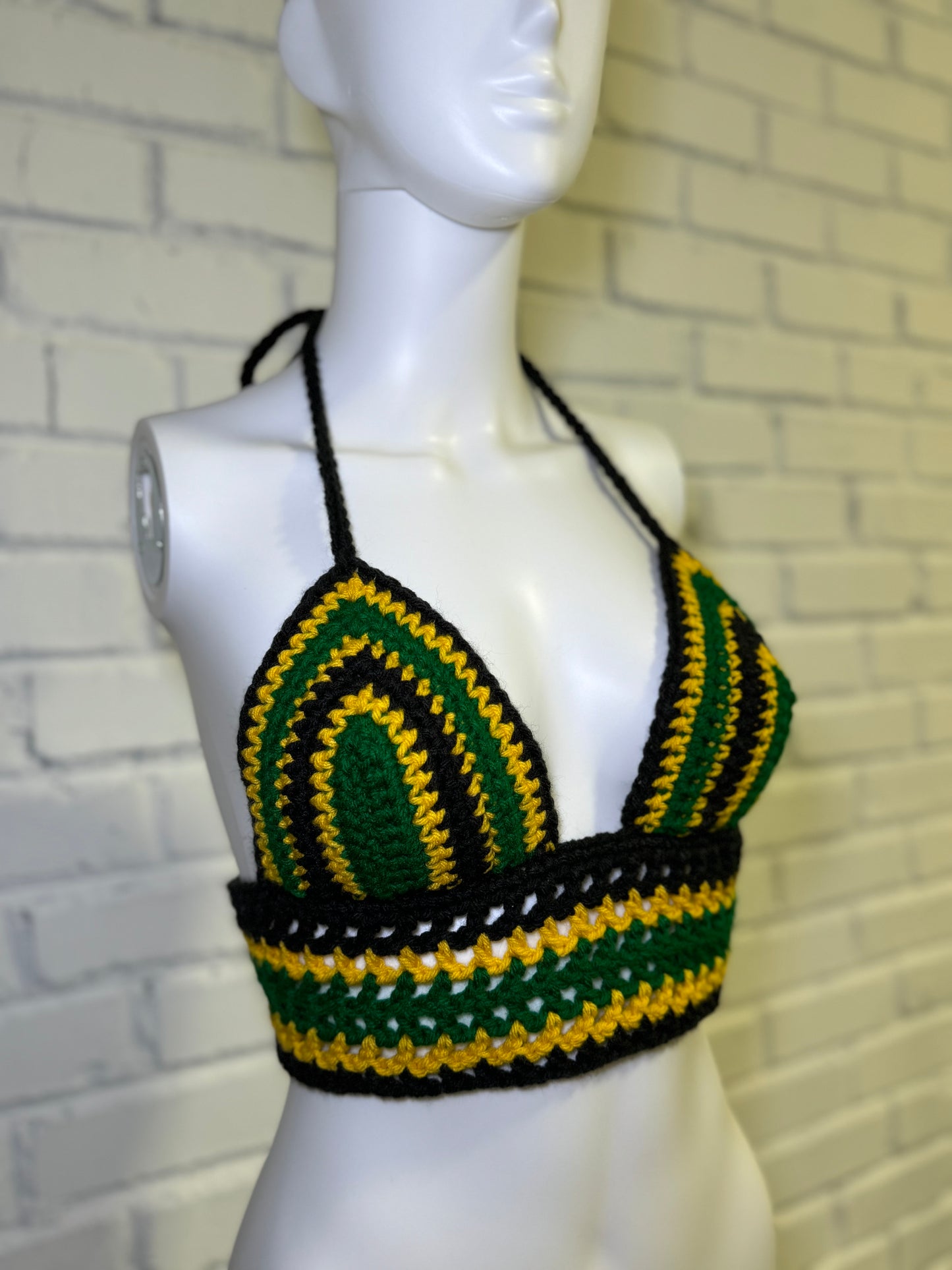 Handmade Jamaica Crochet Bikini 4-Piece Set with Micro Mini Skirt, Crop Top, & Bucket Hat