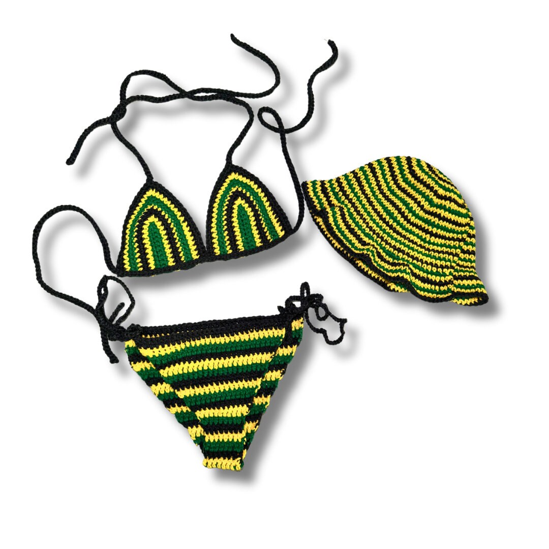 Handmade Jamaica Crochet Bikini 4-Piece Set with Micro Mini Skirt and Bucket Hat