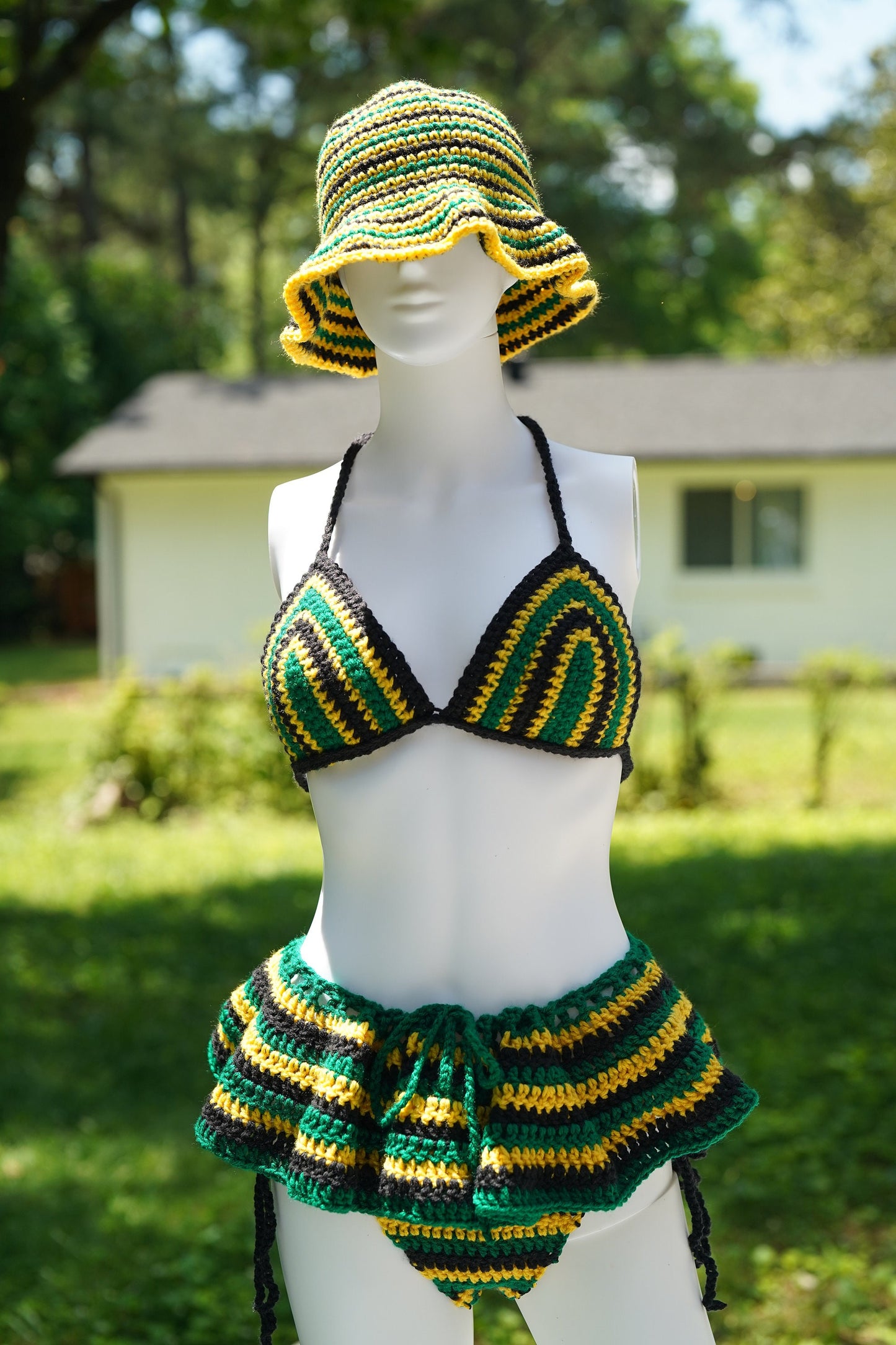 Handmade Jamaica Crochet Bikini 4-Piece Set with Micro Mini Skirt and Bucket Hat