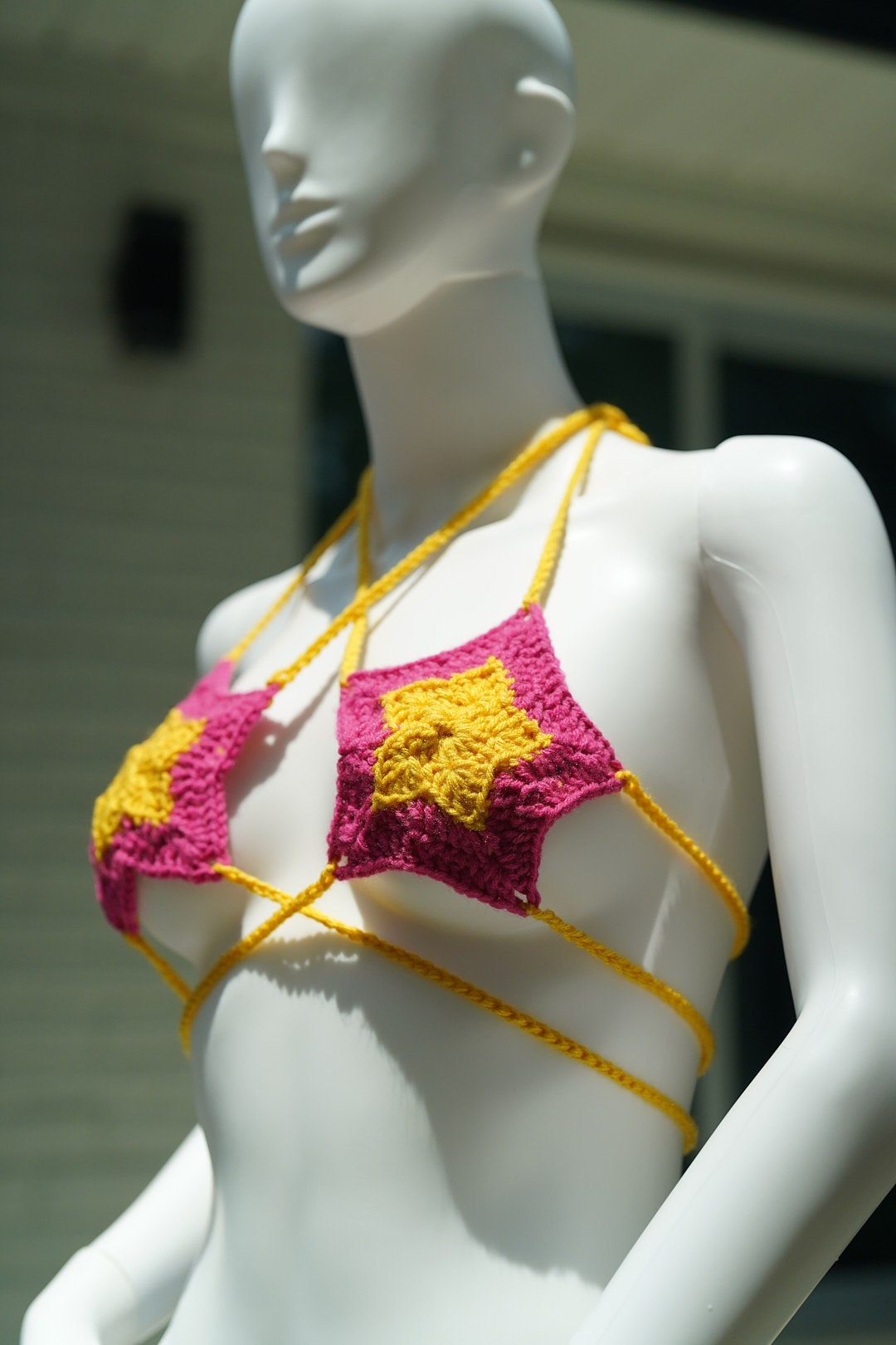 Handmade Star Crochet Festival Bikini Set Yellow and Pink