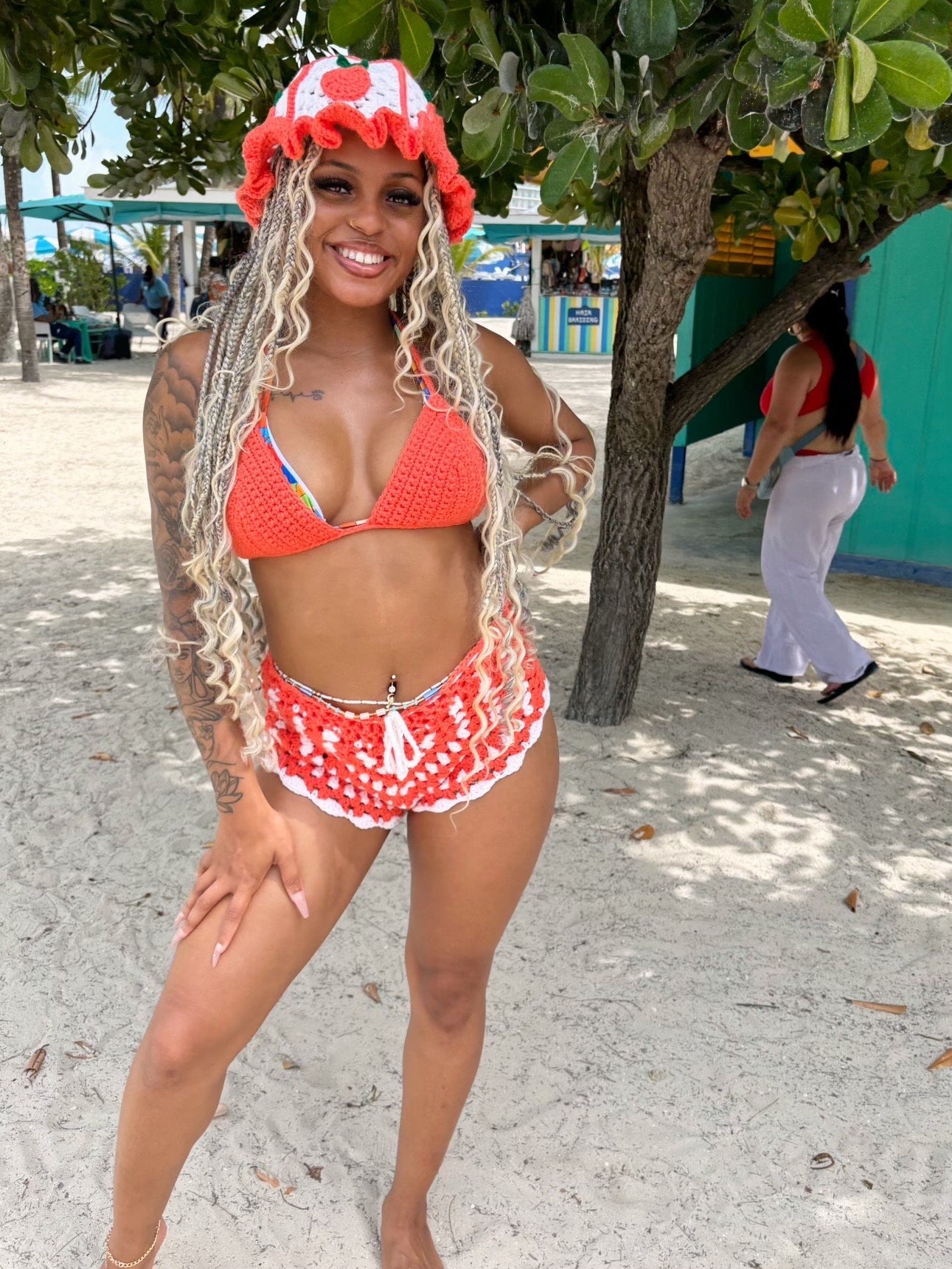 Handmade Crochet Matching Peach 4-Piece Festival Vacation Set with Bikini Top and Shorts