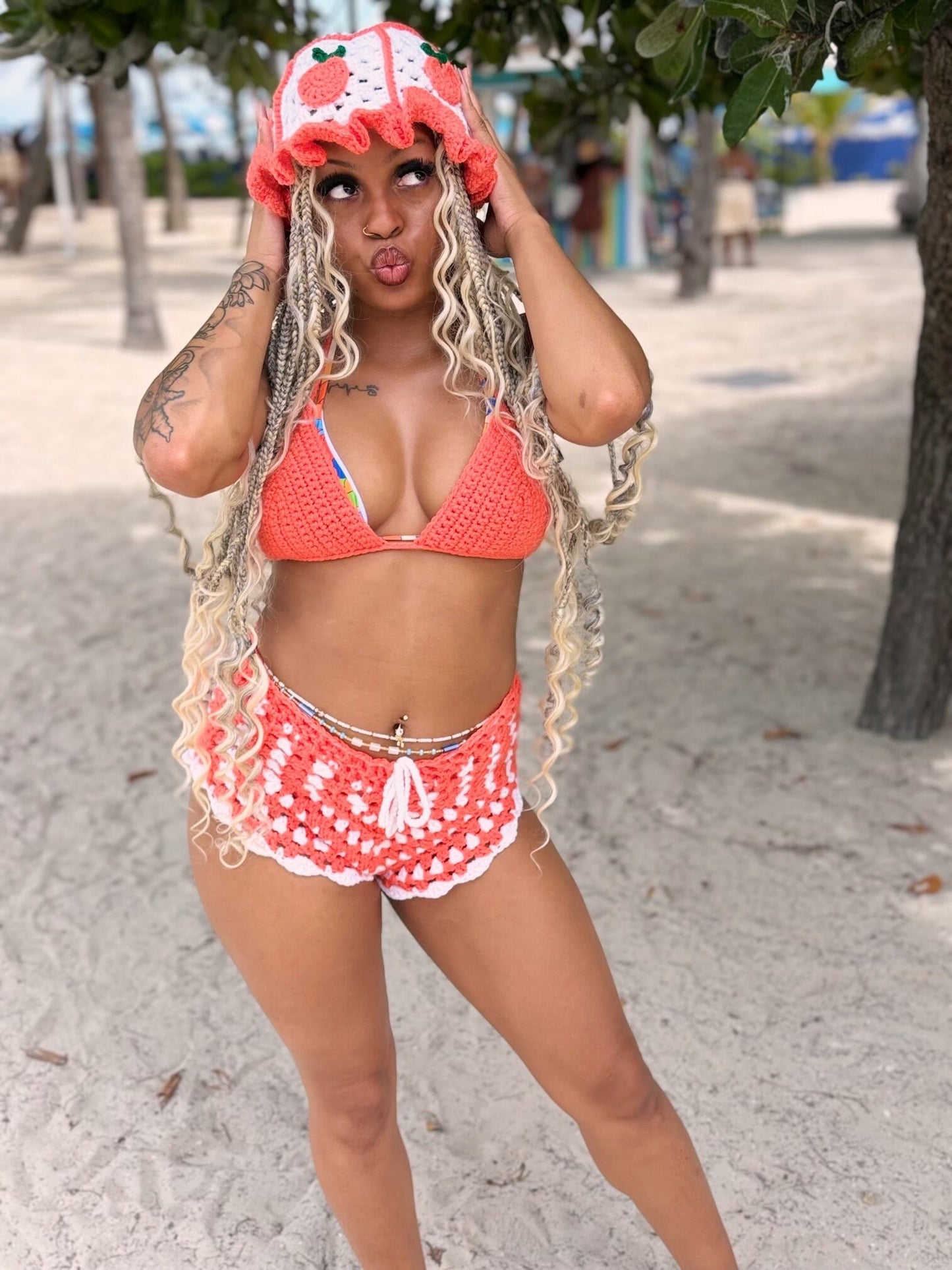 Handmade Crochet Matching Peach 4-Piece Festival Vacation Set with Bikini Top and Shorts