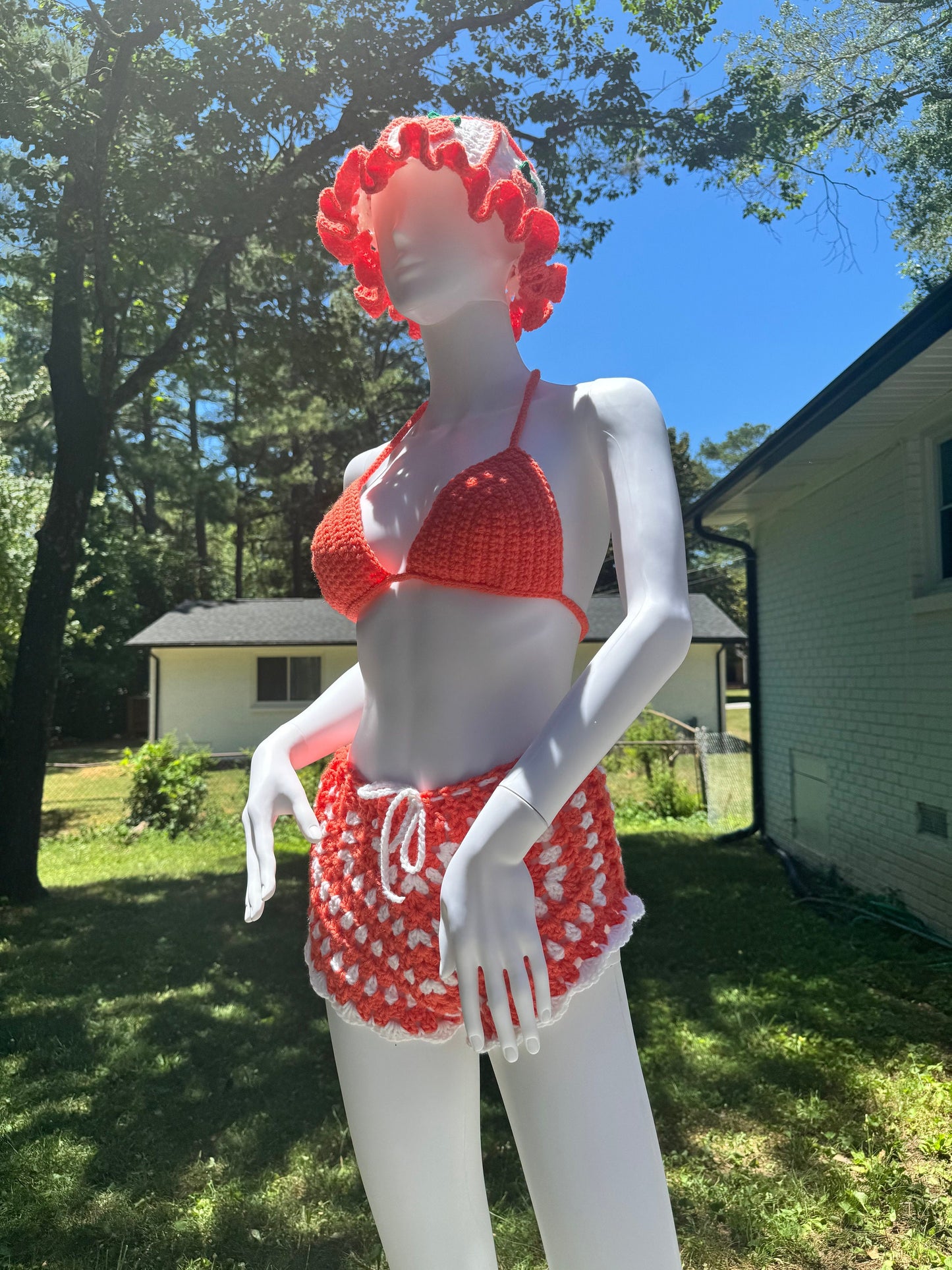 Handmade Crochet Matching Peach 4-Piece Festival Vacation Set with Bikini Top and Shorts