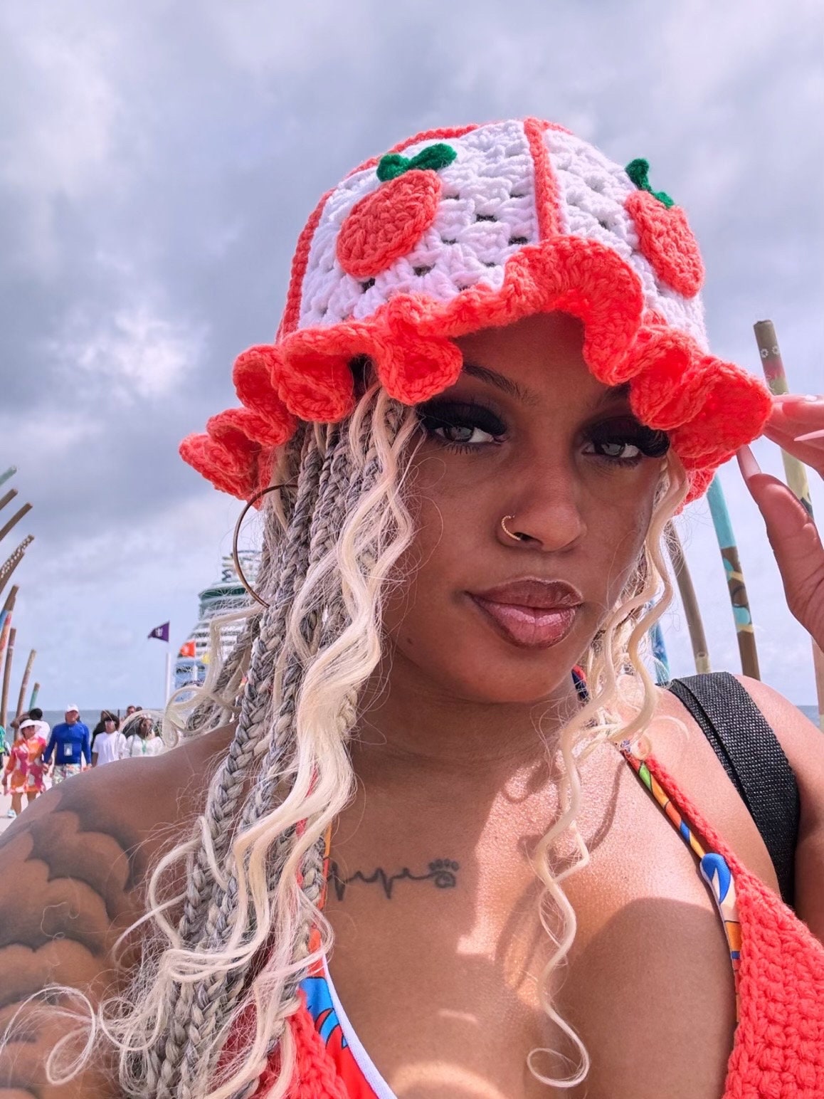 Handmade Crochet Matching Peach 4-Piece Festival Vacation Set with Bikini Top and Shorts