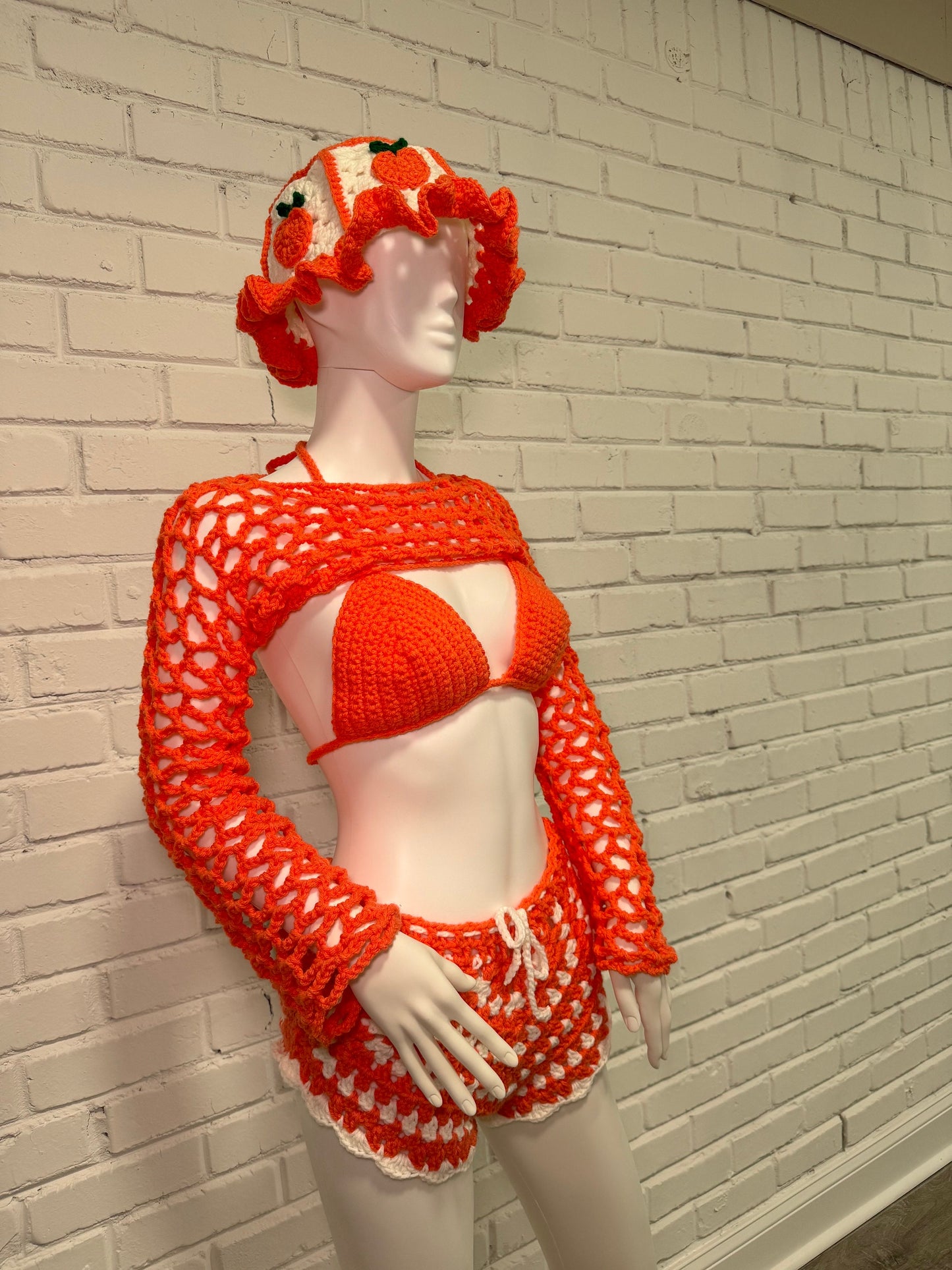 Handmade Crochet Matching Peach 4-Piece Festival Vacation Set with Bikini Top and Shorts