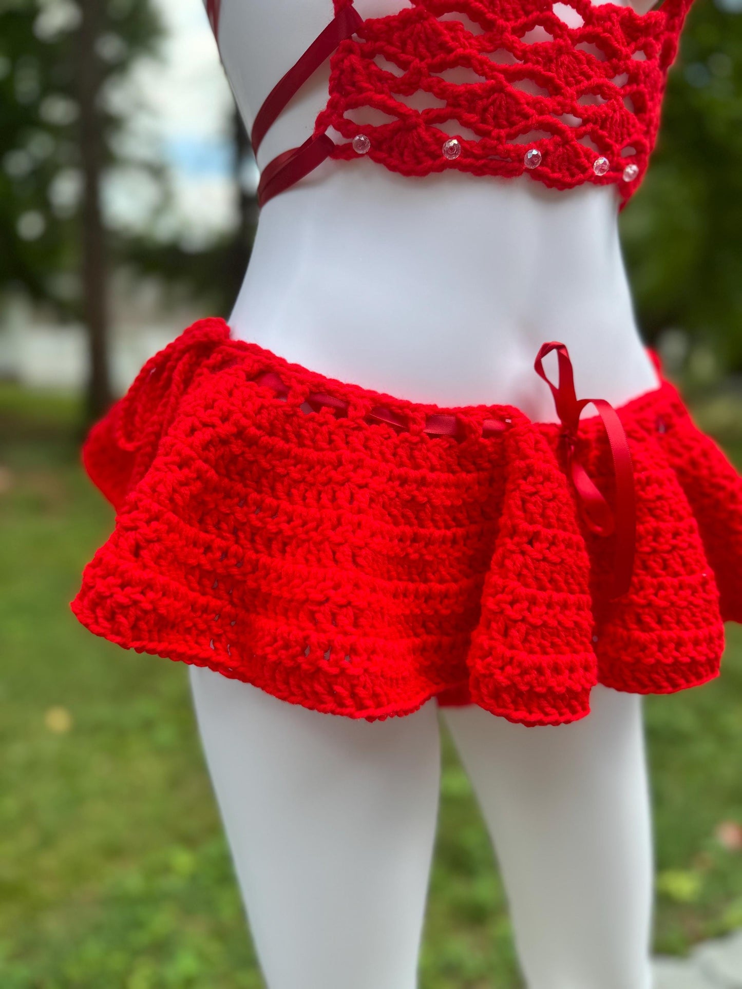 Handmade Crochet Bikini 3-Piece Set with Micro Mini Skirt & Coquette Bow Details