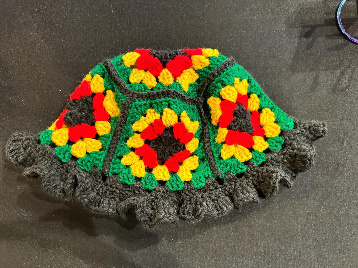 Handmade Jamaica Rasta Crochet Granny Square Bucket Hat with Ruffle Brim