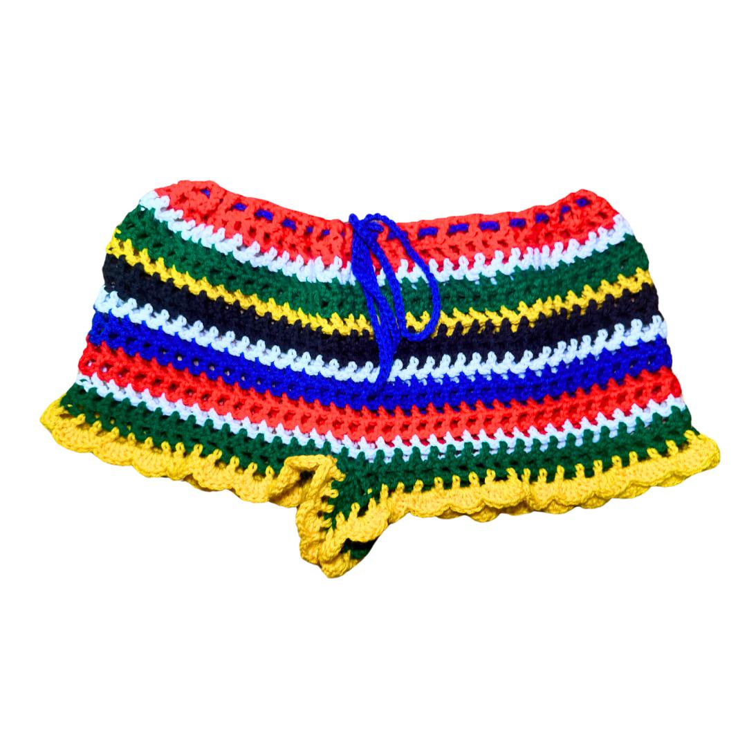Handmade Mesh Crochet Shorts & Bikini Top Matching Vacation Festival Set in South Africa Flag Colors