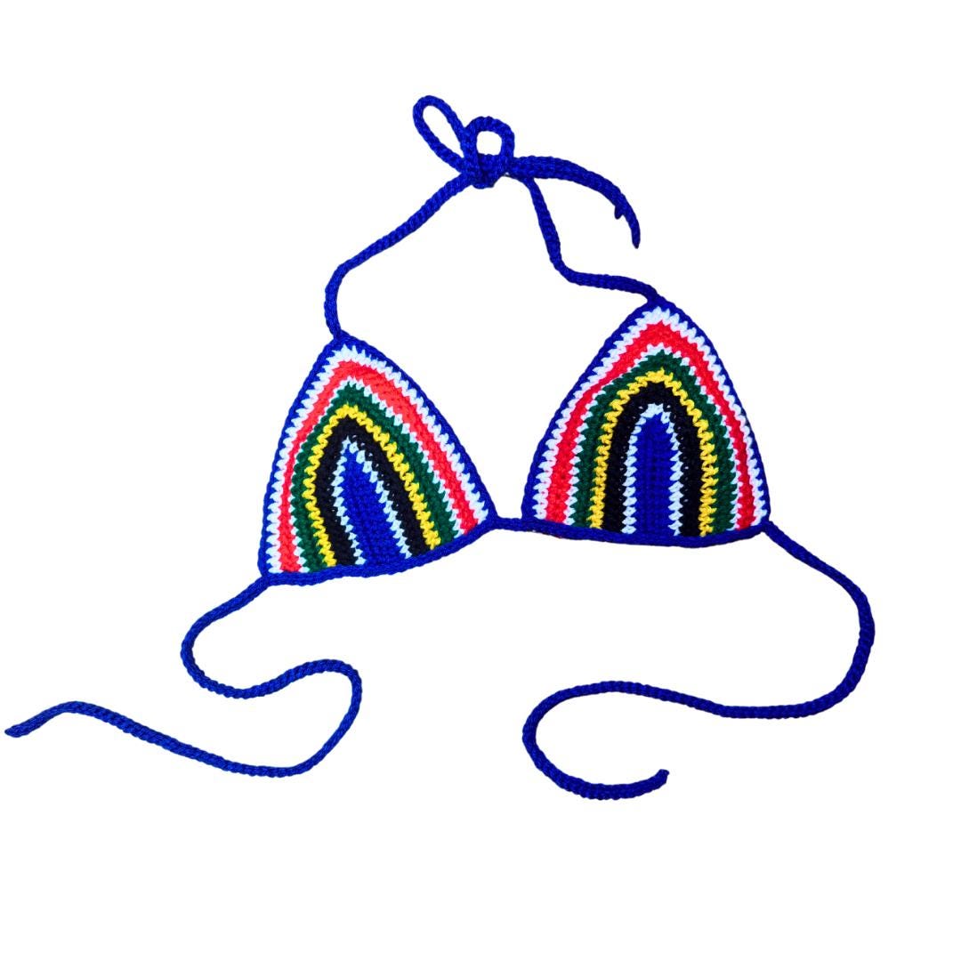 Handmade Mesh Crochet Shorts & Bikini Top Matching Vacation Festival Set in South Africa Flag Colors
