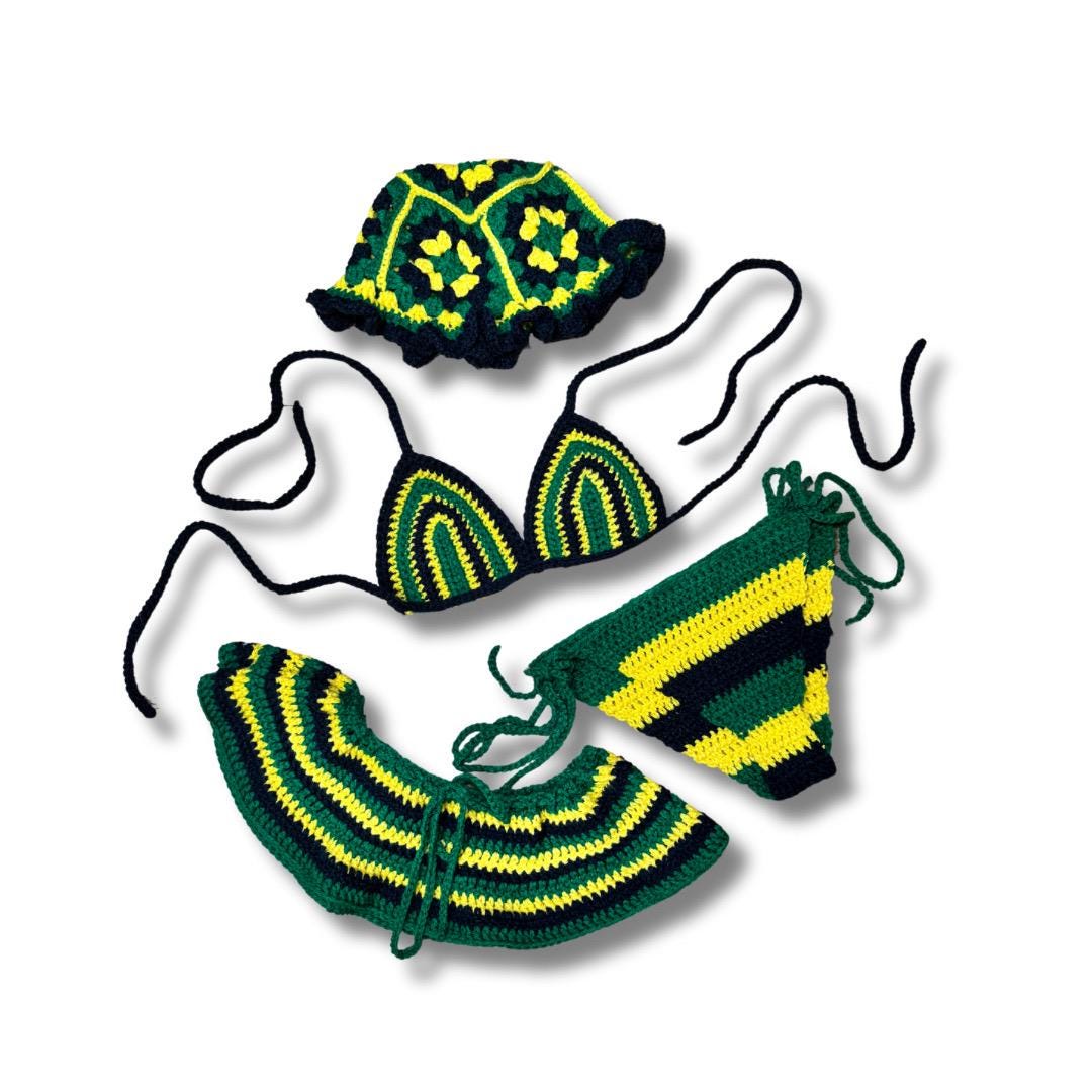 Handmade Jamaica Crochet Bikini 4-Piece Set with Micro Mini Skirt and Bucket Hat