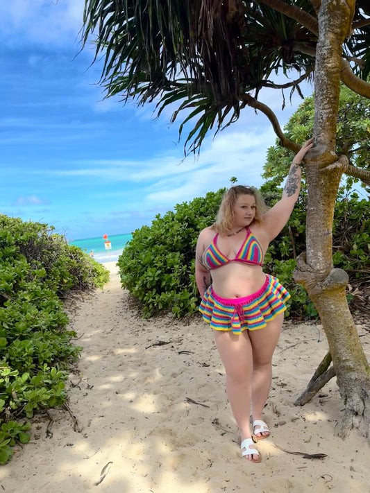 Handmade Crochet Candy Set - Matching Set with Bikini top & Tutu cover up Skirt for beach vacation, raves and festivals