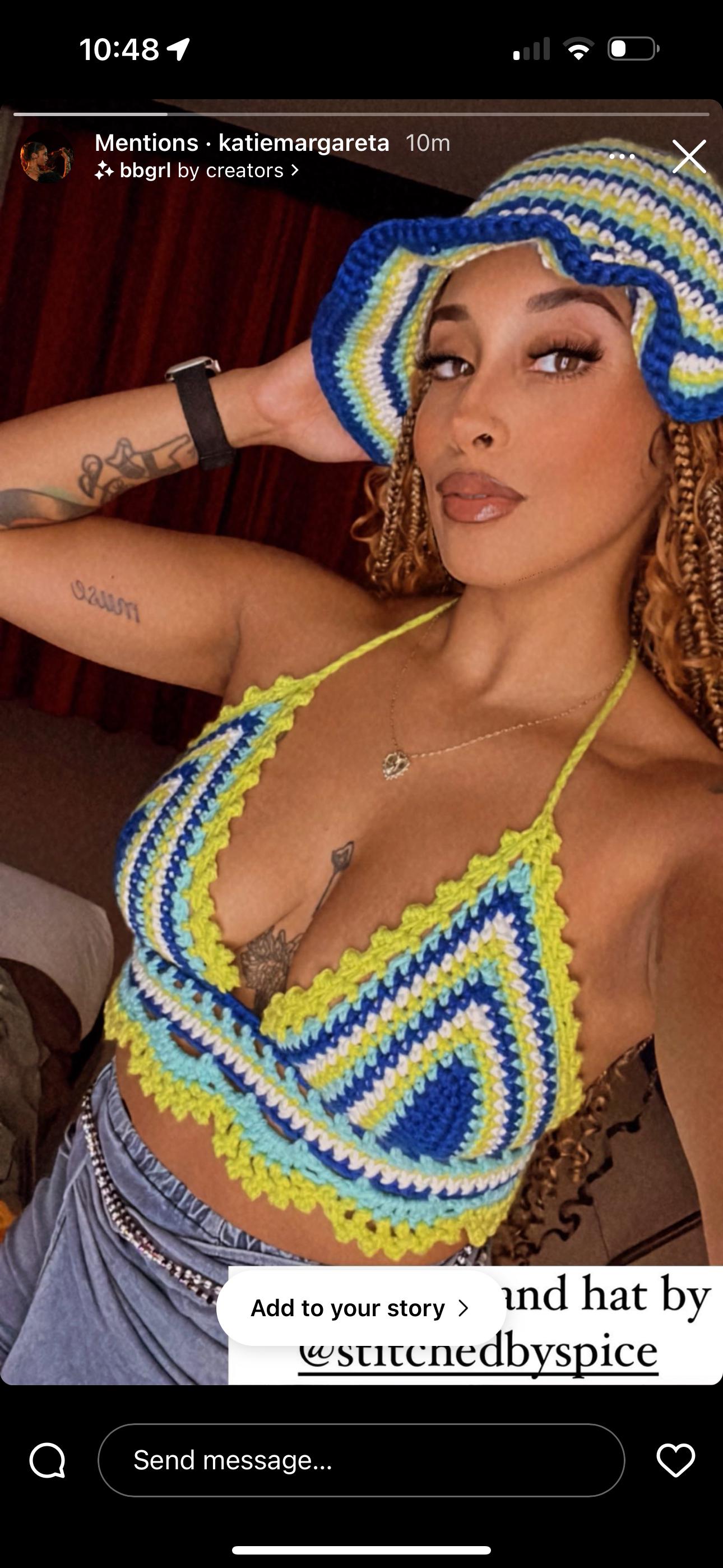 Handmade Seafoam Bohemian Crochet Shorts with Crop Top and Bucket Hat Matching Set for Festival and Vacation
