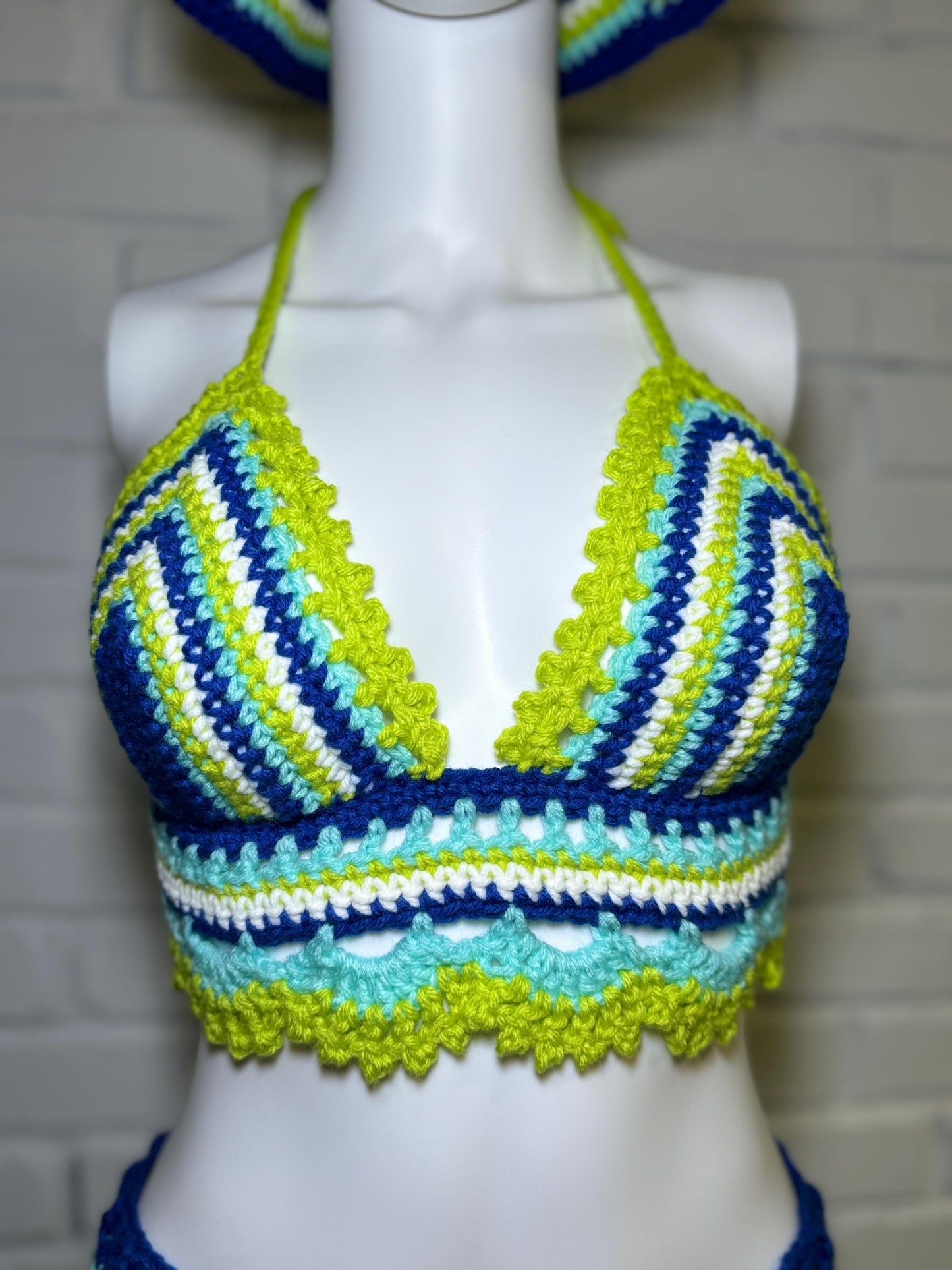 Handmade Seafoam Bohemian Crochet Shorts with Crop Top and Bucket Hat Matching Set for Festival and Vacation