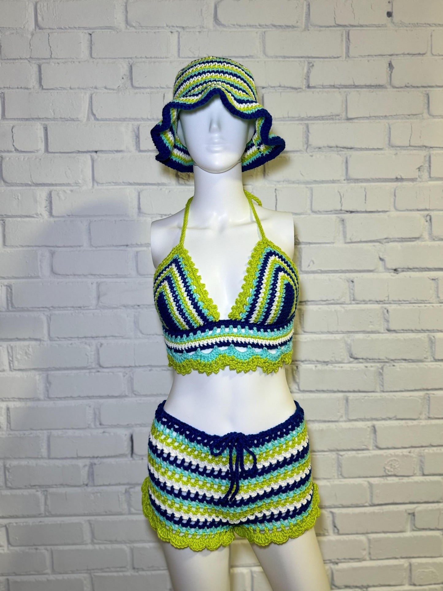 Handmade Seafoam Bohemian Crochet Shorts with Crop Top and Bucket Hat Matching Set for Festival and Vacation
