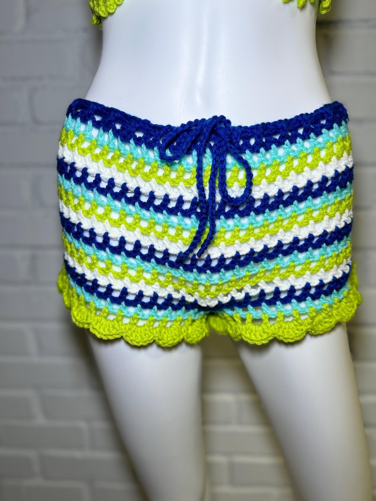 Handmade Seafoam Bohemian Crochet Shorts with Crop Top and Bucket Hat Matching Set for Festival and Vacation