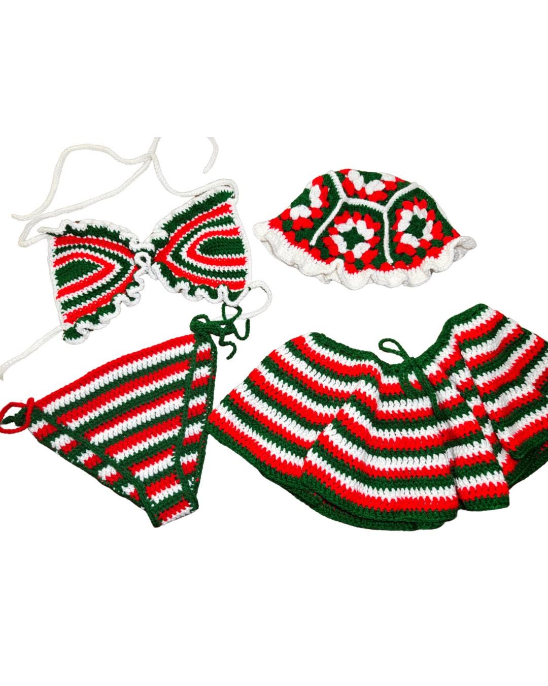 Handmade Mexico Flag Crochet 4-Piece Matching Set with Mini Skirt and Ruffled Bikini Top