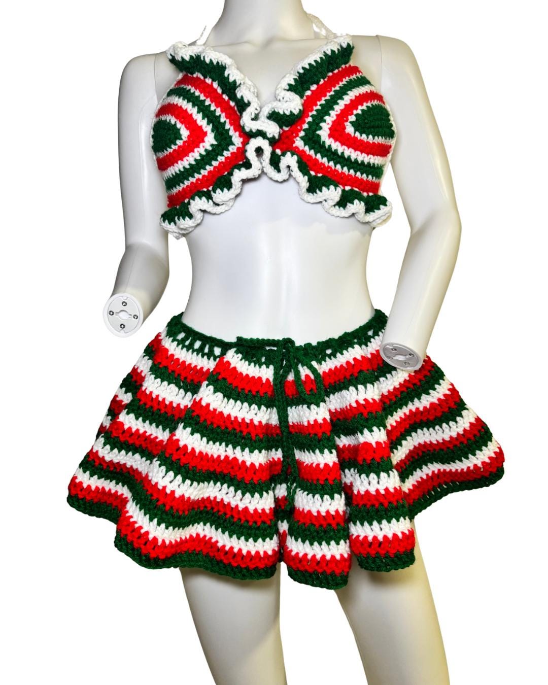 Handmade Mexico Flag Crochet 4-Piece Matching Set with Mini Skirt and Ruffled Bikini Top