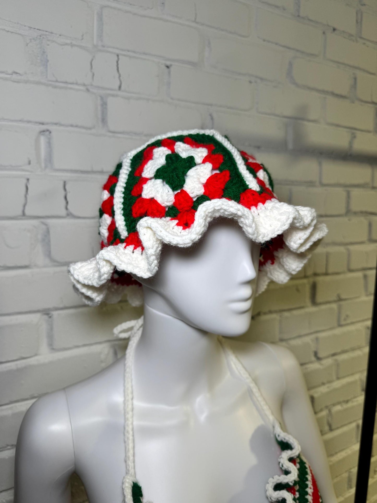 Handmade Mexico Flag Crochet 4-Piece Matching Set with Mini Skirt and Ruffled Bikini Top