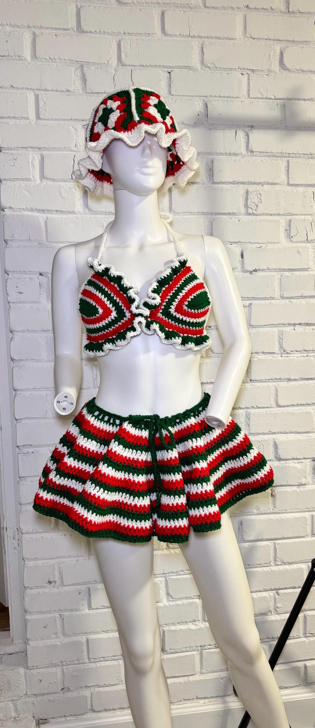 Handmade Mexico Flag Crochet 4-Piece Matching Set with Mini Skirt and Ruffled Bikini Top