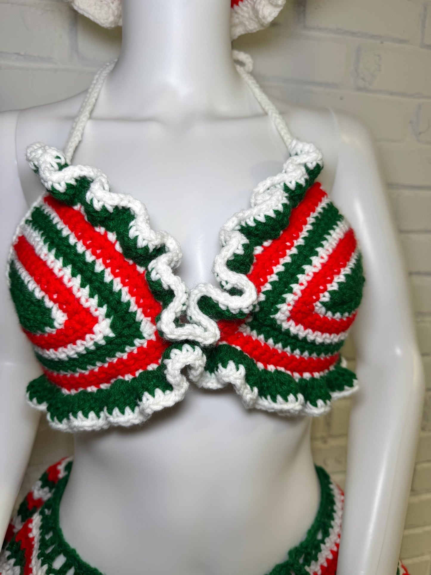 Handmade Mexico Flag Crochet 4-Piece Matching Set with Mini Skirt and Ruffled Bikini Top