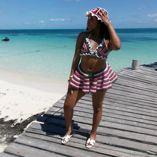 Handmade Mexico Flag Crochet 4-Piece Matching Set with Mini Skirt and Ruffled Bikini Top