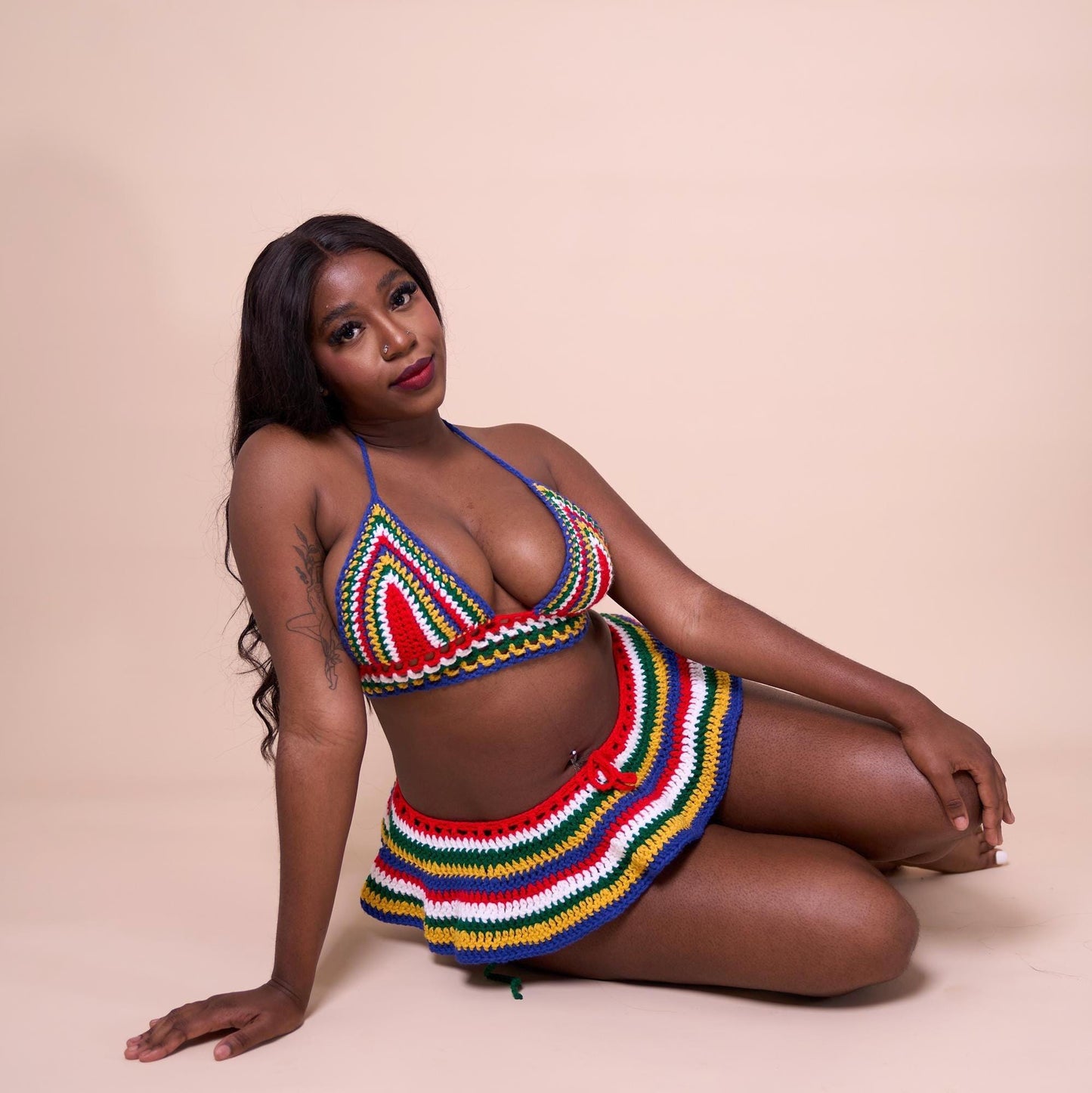 Handmade South Africa Crochet Bikini 3 Piece Matching Set with Micro Mini Skirt Cover Up