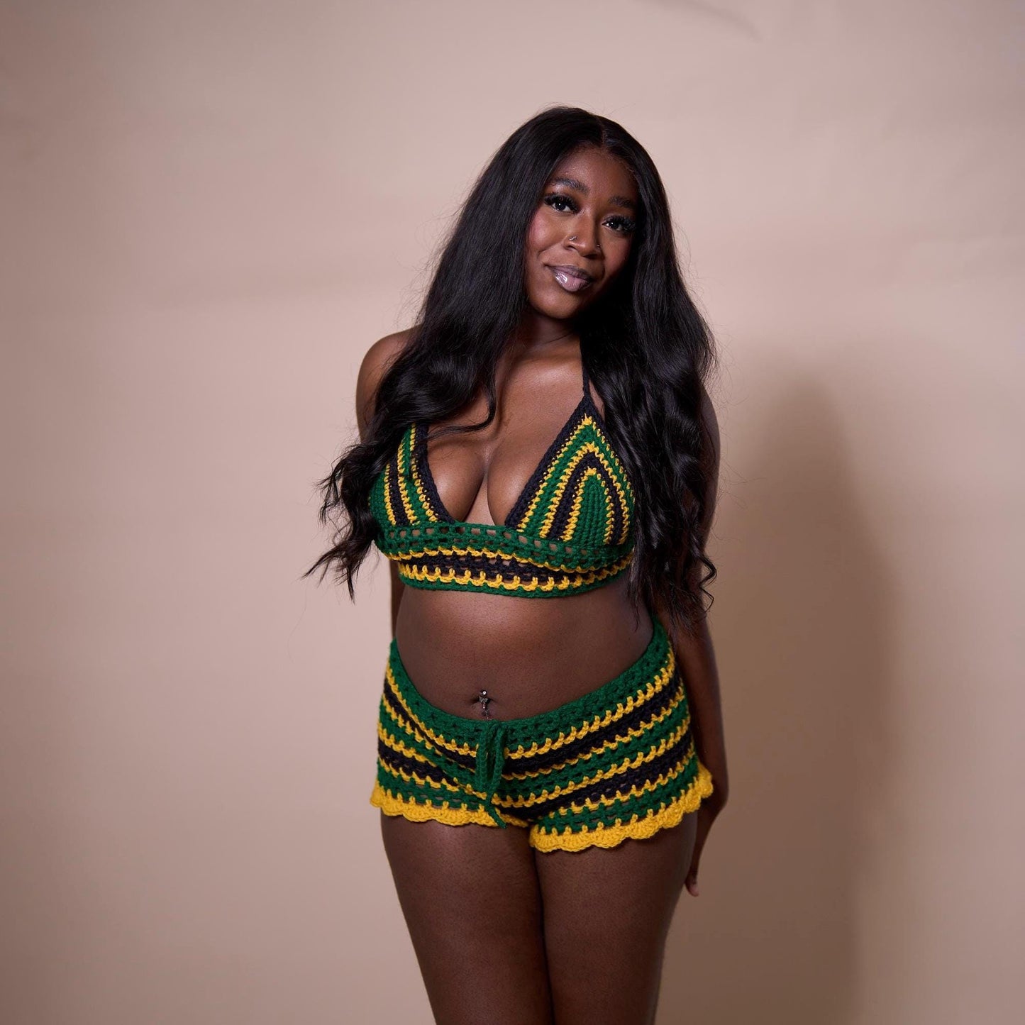 Jamaican Rasta Crochet Shorts with Crop Top and Bucket Hat Matching Set