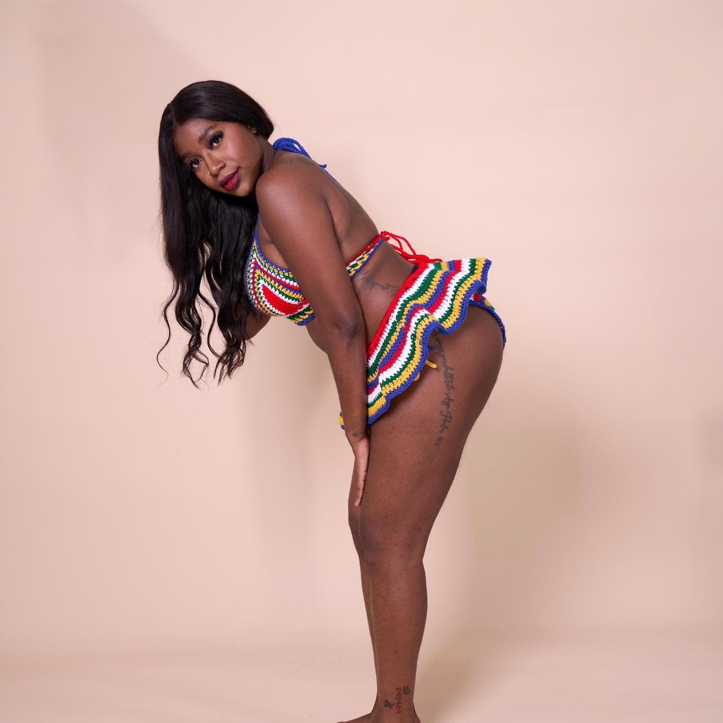 Handmade South Africa Crochet Bikini 3 Piece Matching Set with Micro Mini Skirt Cover Up