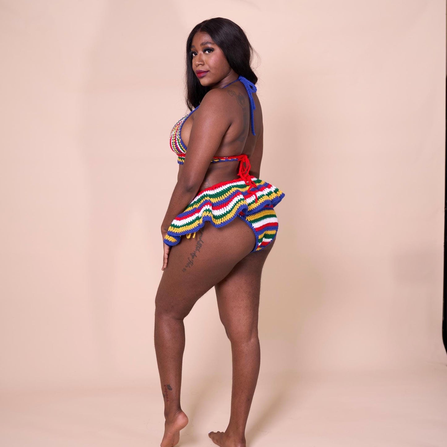 Handmade South Africa Crochet Bikini 3 Piece Matching Set with Micro Mini Skirt Cover Up