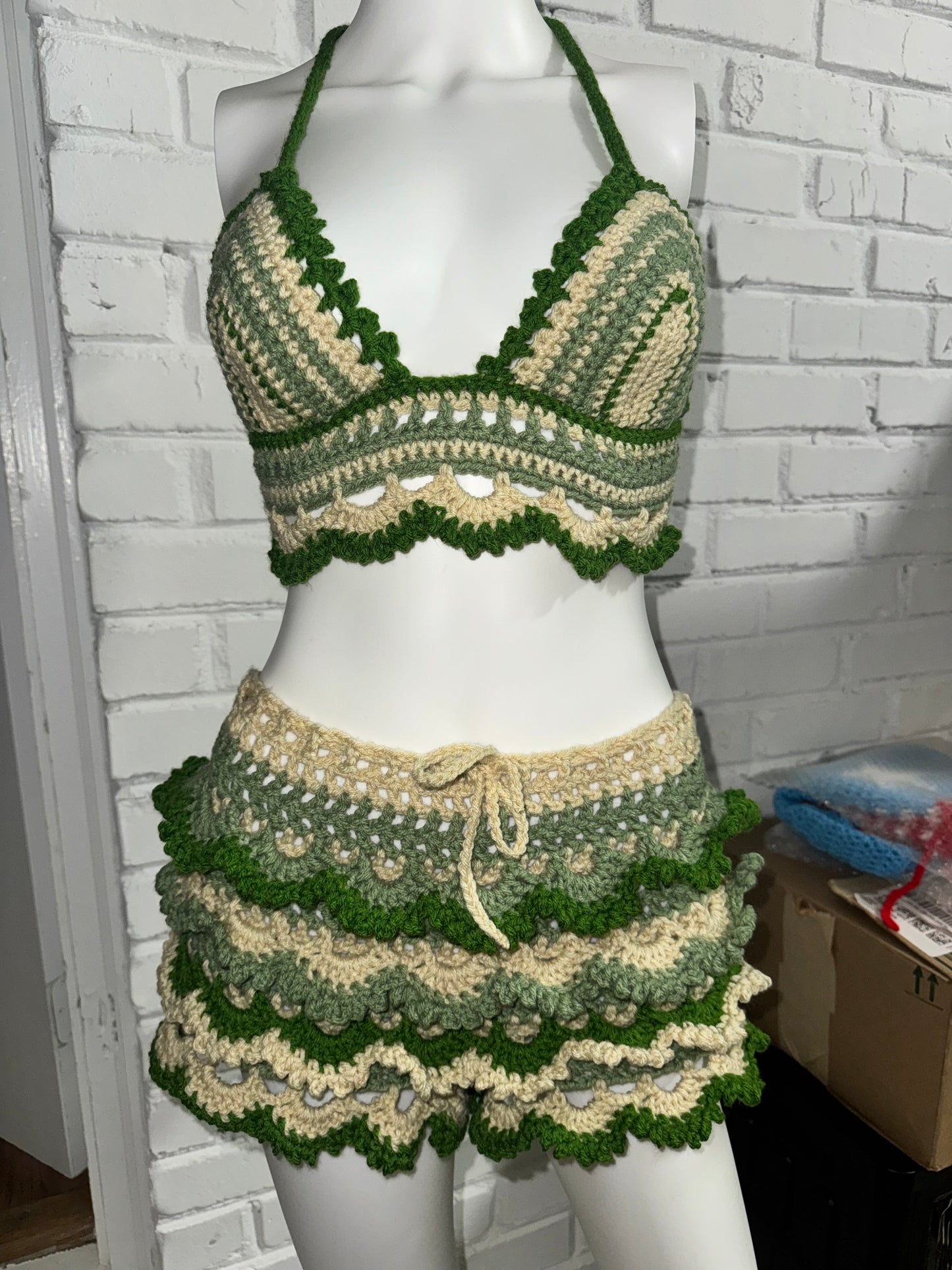 Green Ruffle Shorts Crochet Matching Set Fairycore