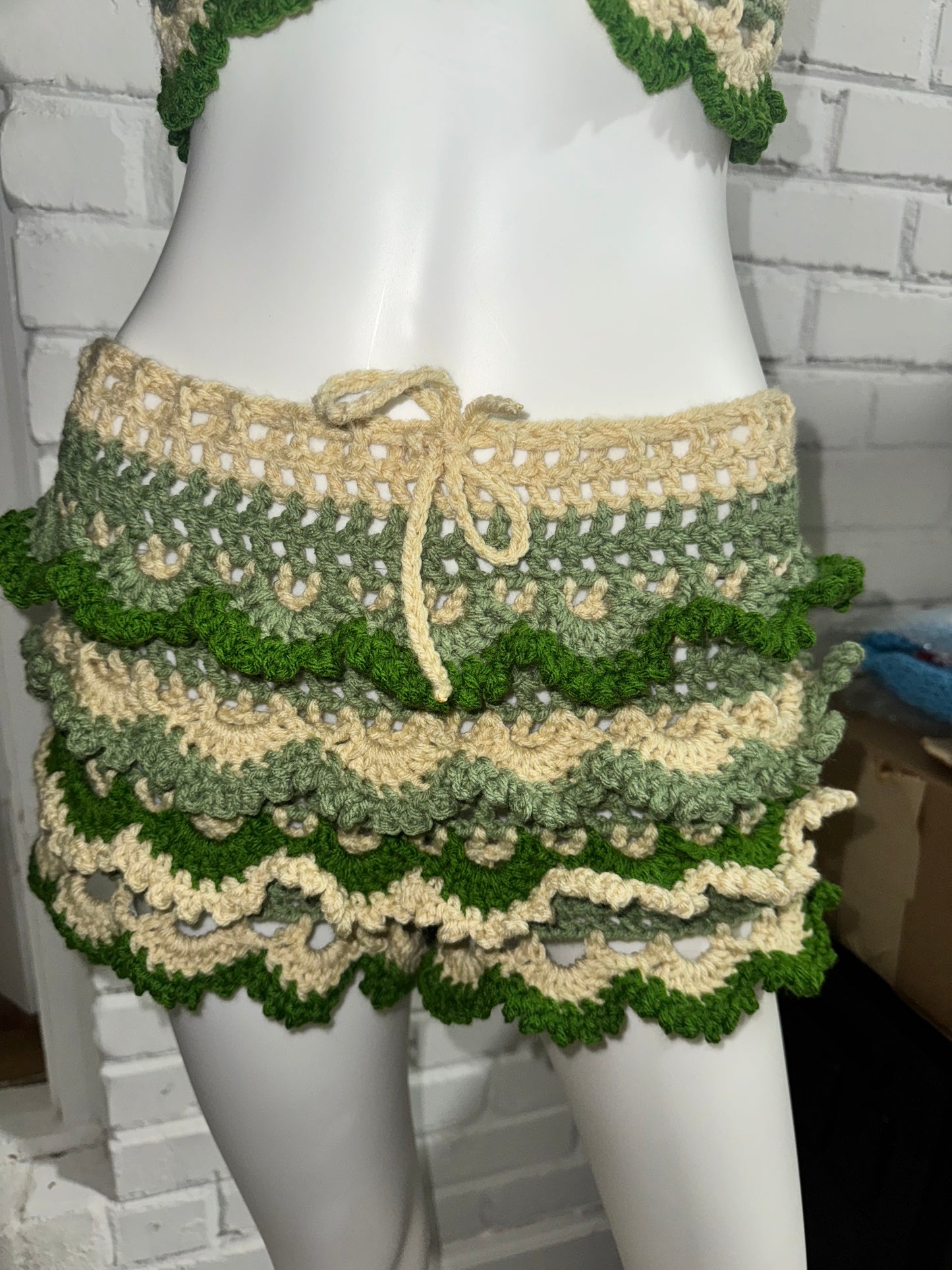 Green Ruffle Shorts Crochet Matching Set Fairycore