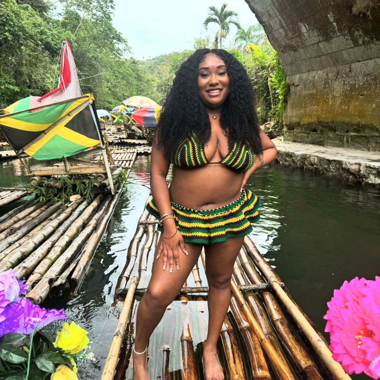 Handmade Jamaica Crochet Bikini 4-Piece Set with Micro Mini Skirt and Bucket Hat