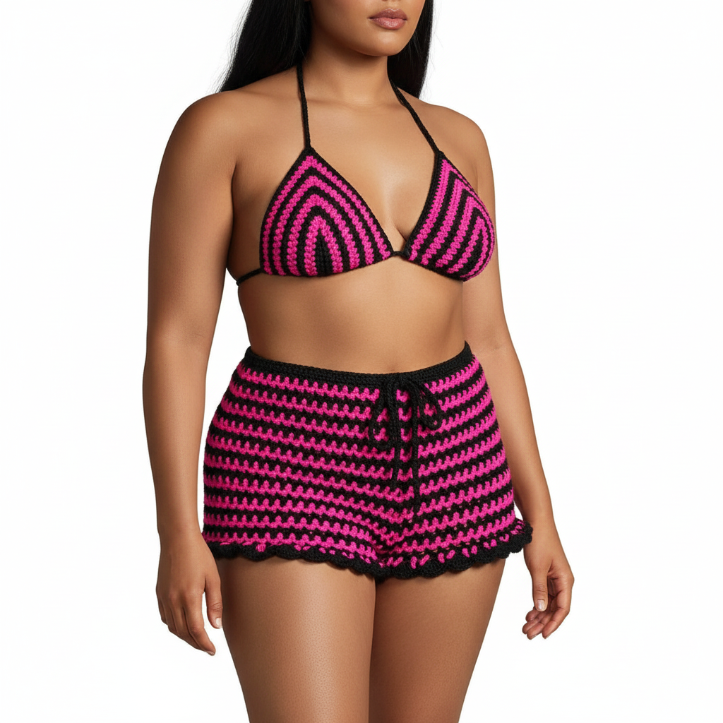 Handmade Crochet Matching Festival Set Bikini Top with Shorts