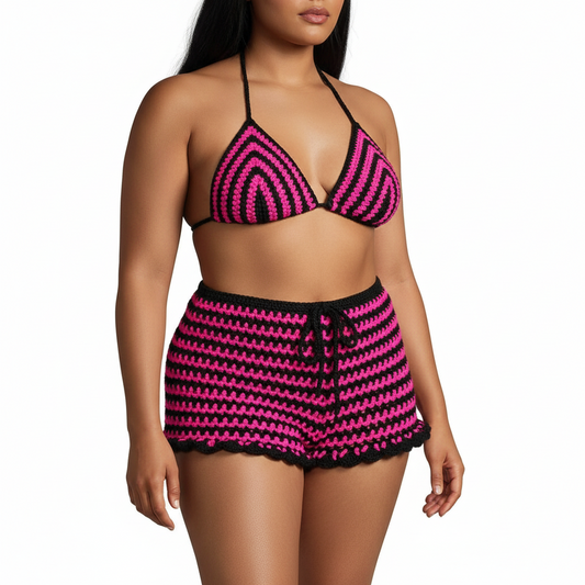 Handmade Crochet Matching Festival Set Bikini Top with Shorts