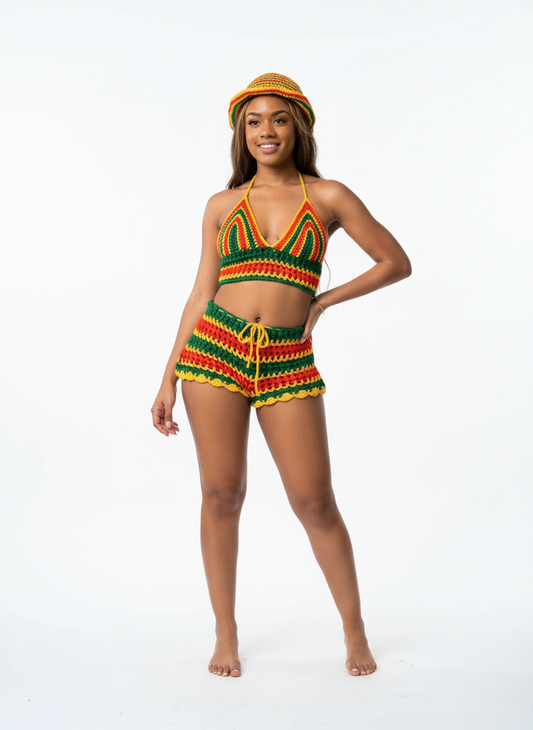 Jamaican Rasta Crochet Shorts with Crop Top and Bucket Hat Matching Set