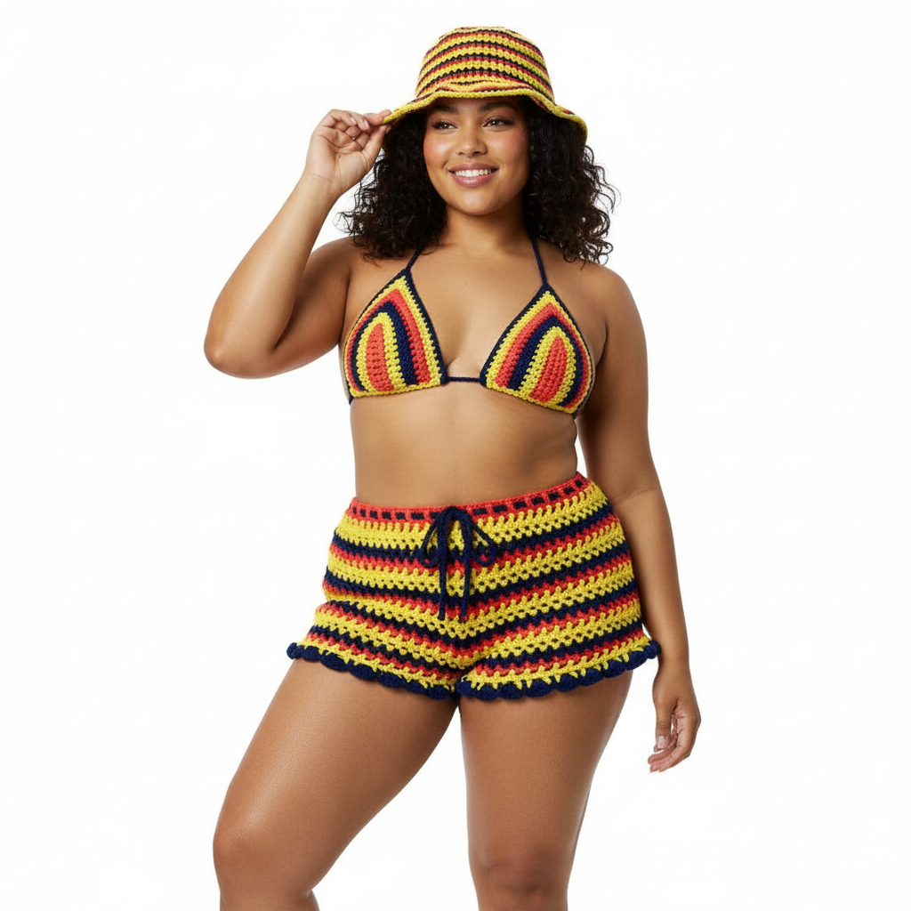 Summer Festival Crochet Shorts with Crop Top and Bucket Hat Matching Set Colombia Colors