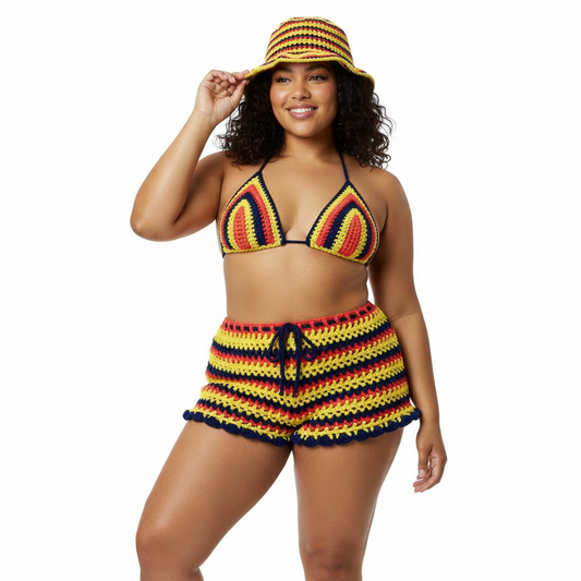Summer Festival Crochet Shorts with Crop Top and Bucket Hat Matching Set Colombia Colors