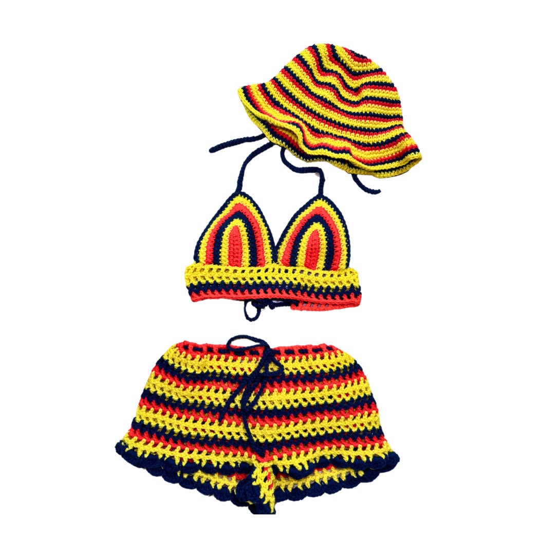 Summer Festival Crochet Shorts with Crop Top and Bucket Hat Matching Set Colombia Colors