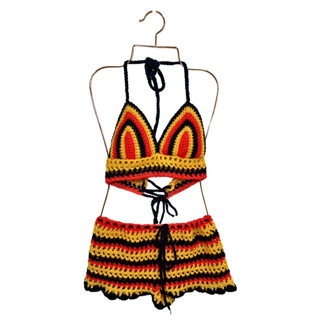 Summer Festival Crochet Shorts with Crop Top and Bucket Hat Matching Set Colombia Colors