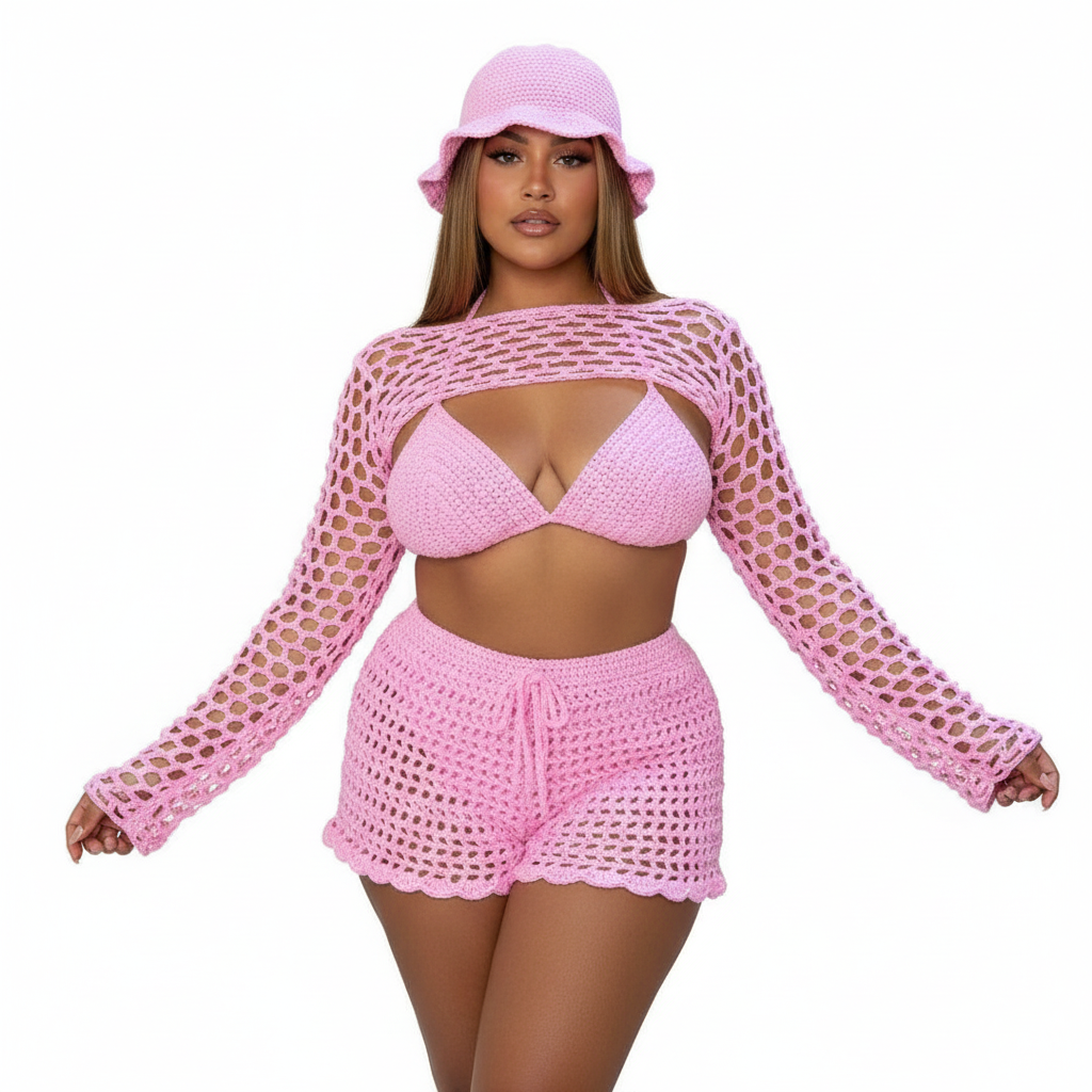 Pink Crochet Matching Coquette Festival Set with Bikini top and Shorts