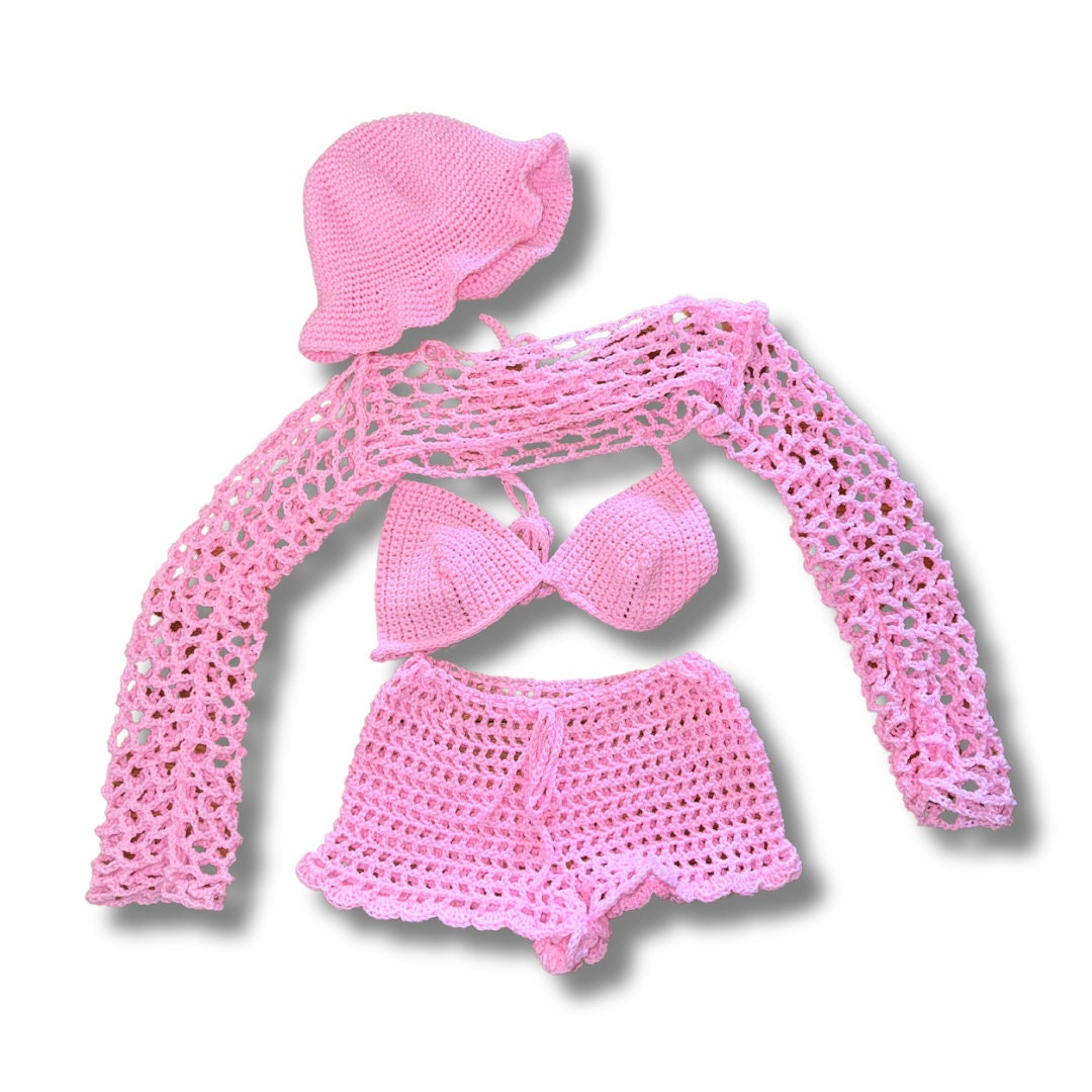 Pink Crochet Matching Coquette Festival Set with Bikini top and Shorts