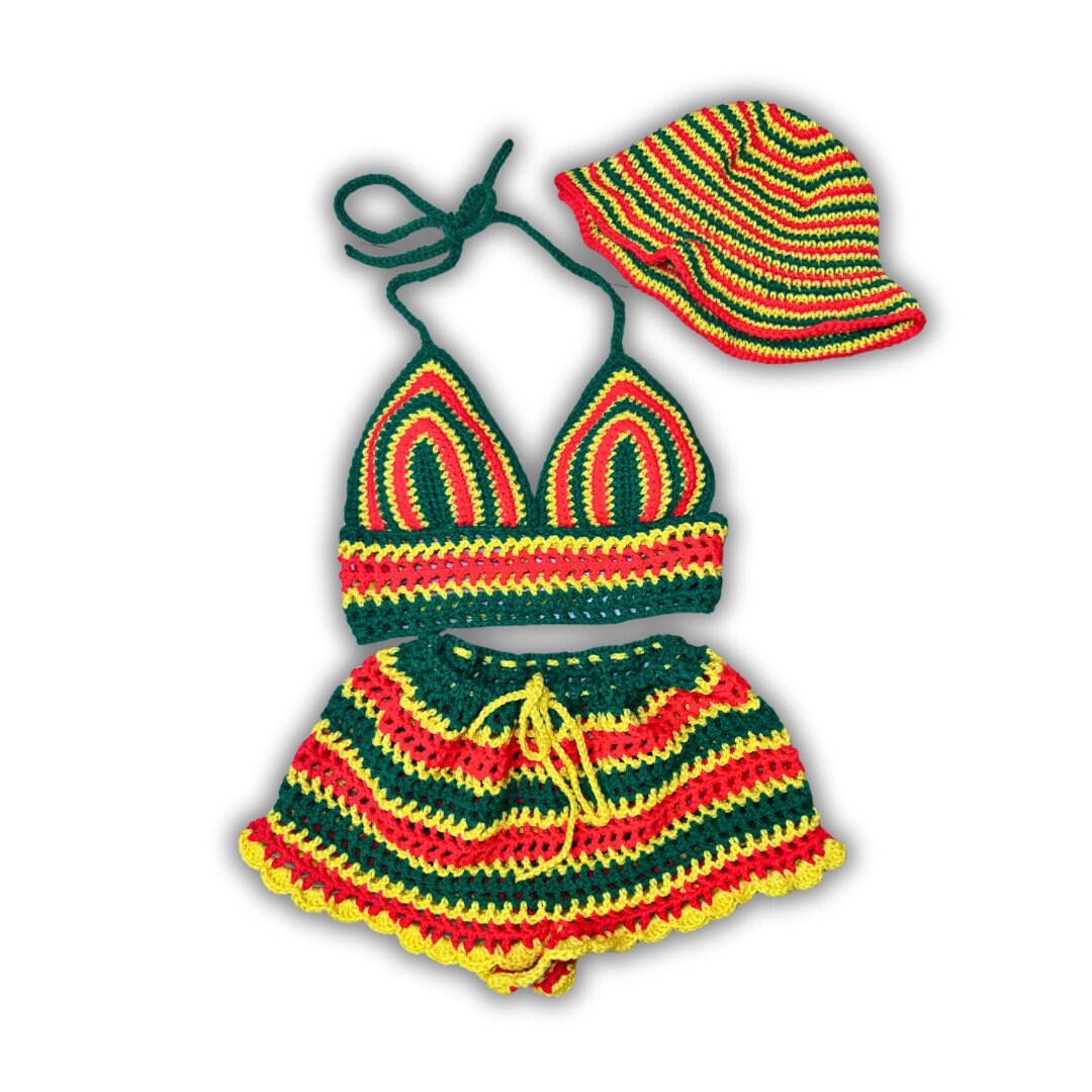 Jamaican Rasta Crochet Shorts with Crop Top and Bucket Hat Matching Set