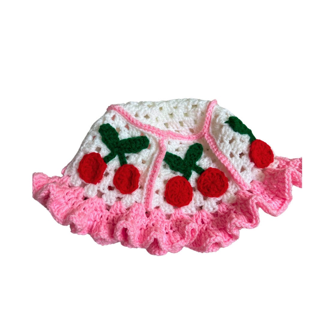 Handmade Cherry Bucket Hat with Pink Ruffle Brim