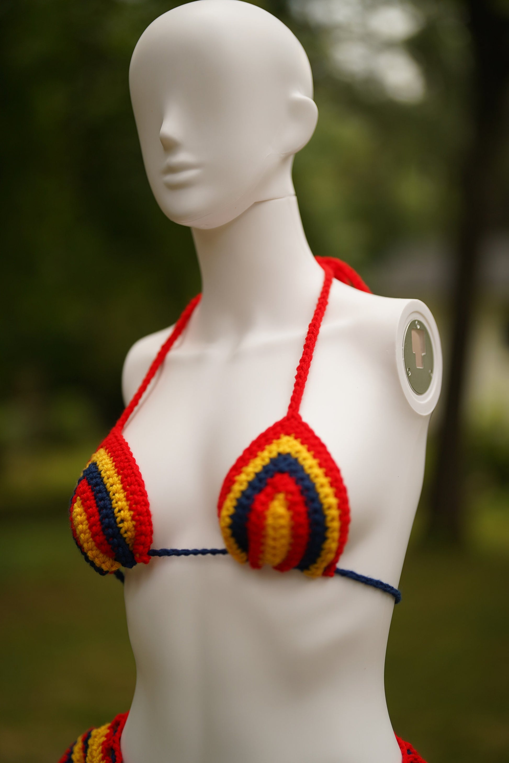 Handmade Crochet Micro Mini Skirt Bikini 4-Piece Set with Bucket Hat - Colombia Colors