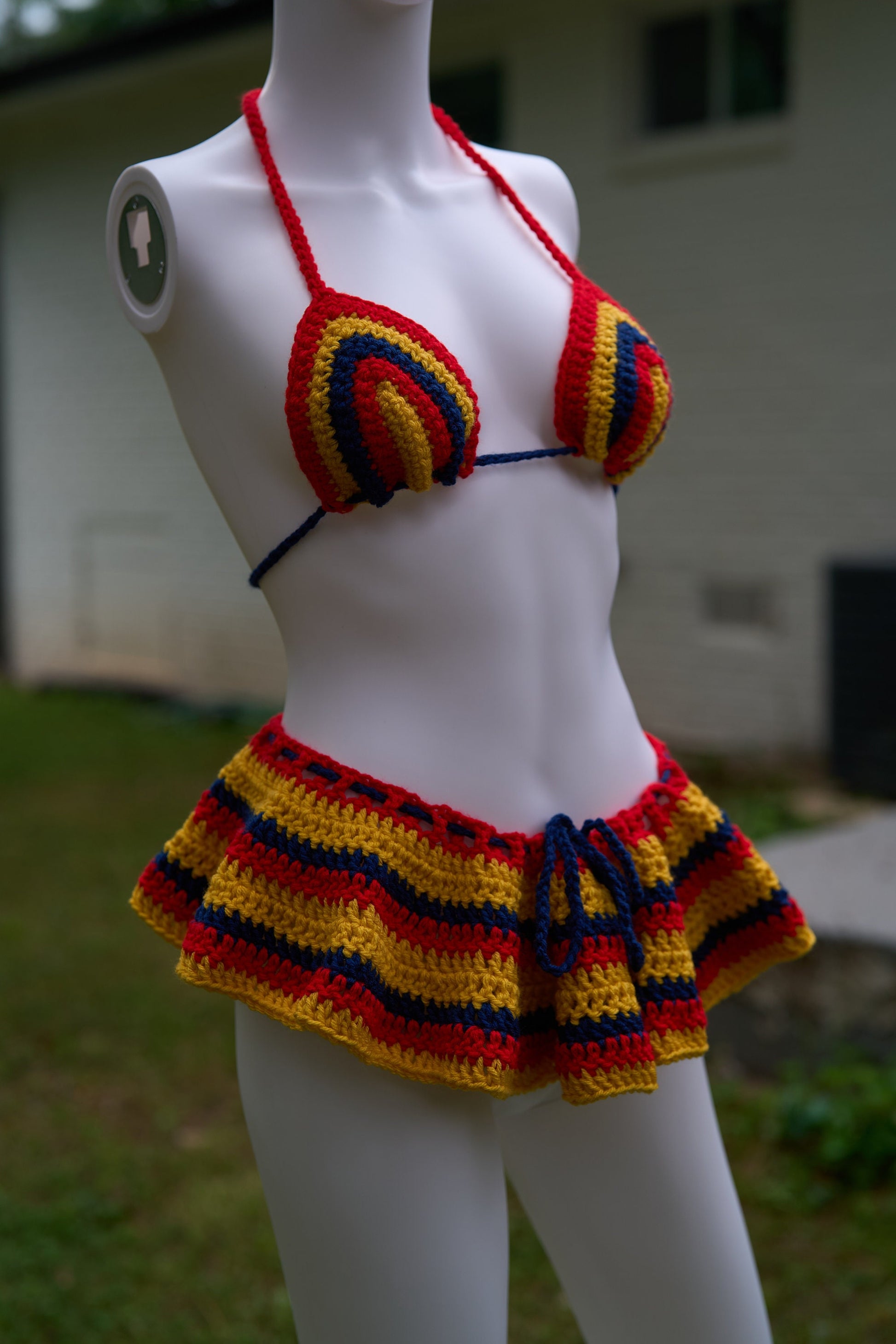 Handmade Crochet Micro Mini Skirt Bikini 4-Piece Set with Bucket Hat - Colombia Colors