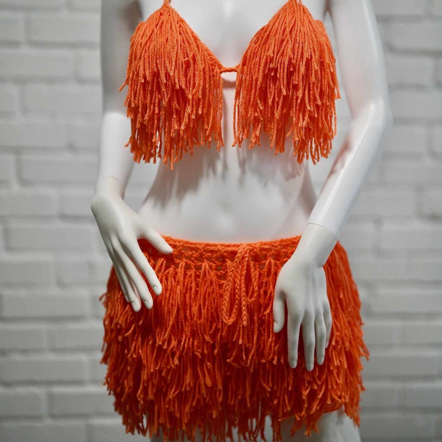 Handmade Crochet Fringe Festival Set with Bikini top and Mesh Shorts