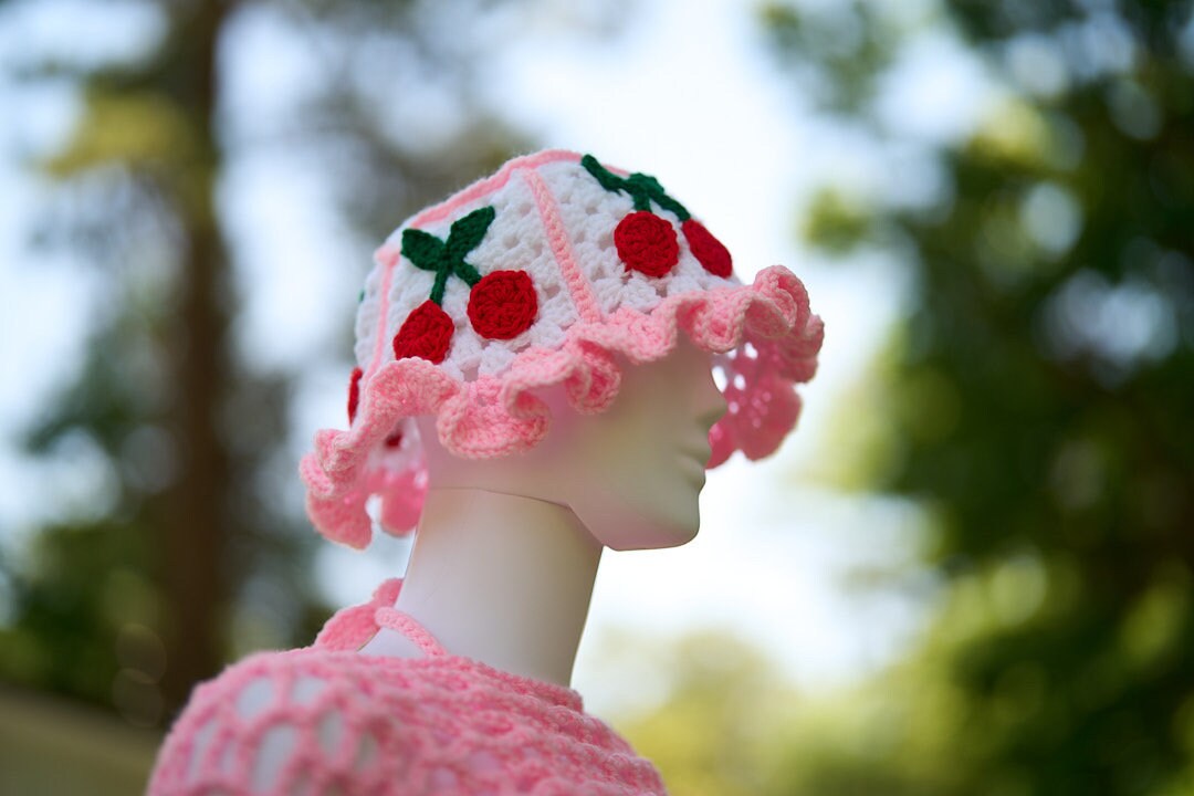 Handmade Cherry Bucket Hat with Pink Ruffle Brim