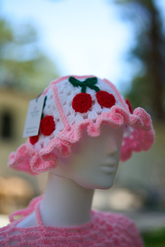 Handmade Cherry Bucket Hat with Pink Ruffle Brim