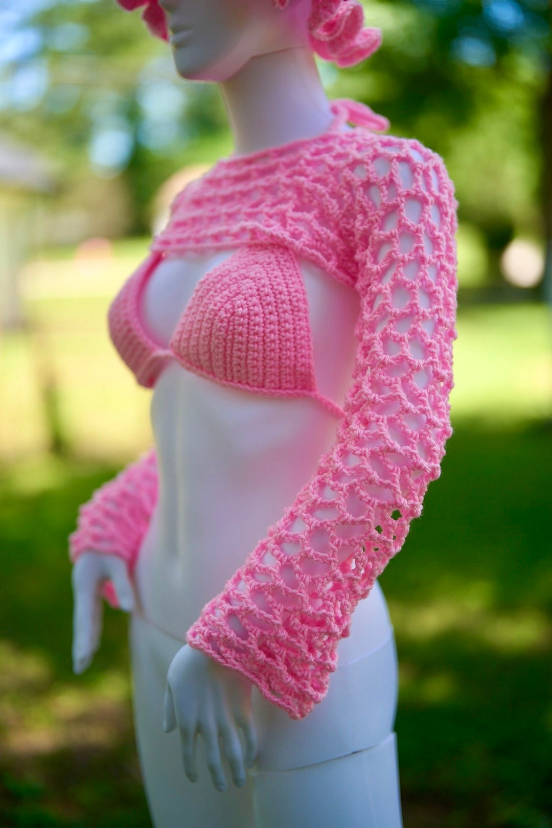 Pink Crochet Matching Coquette Festival Set with Bikini top and Shorts