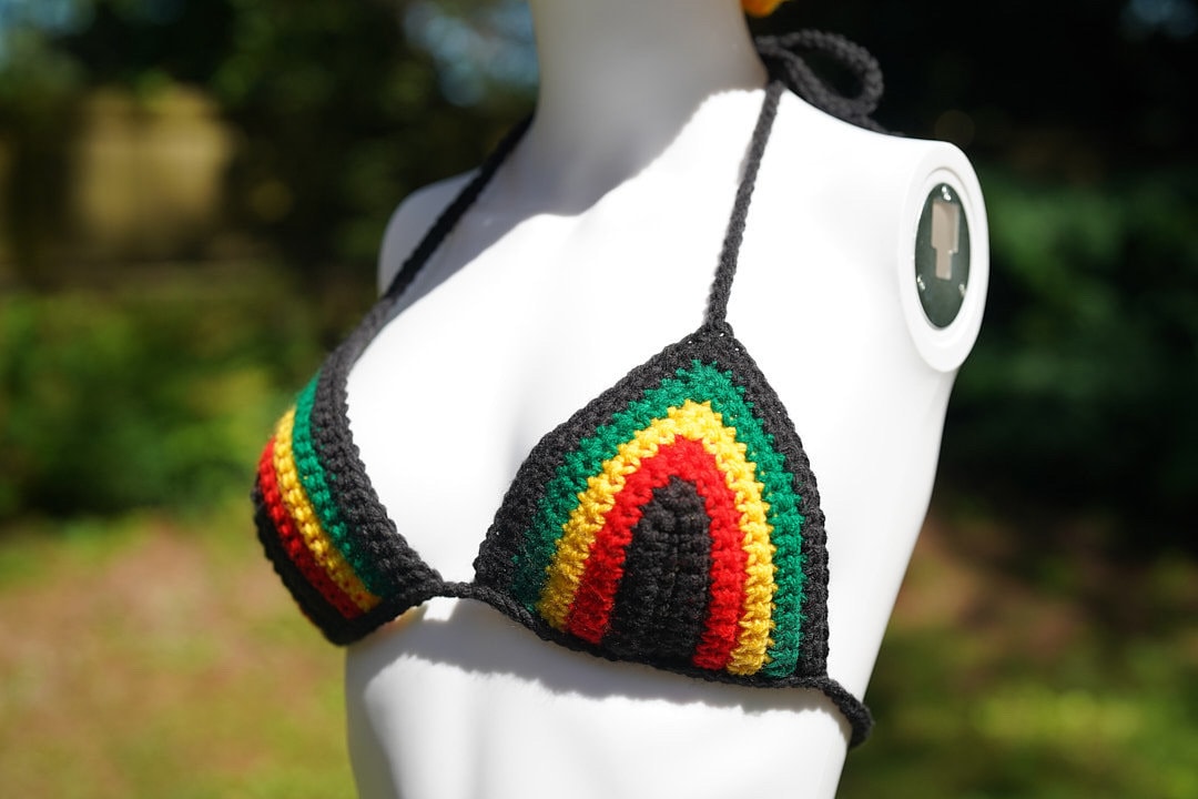 Handmade Jamaica Rasta Crochet Bikini 4-Piece Set with Micro Mini Skirt and Bucket Hat